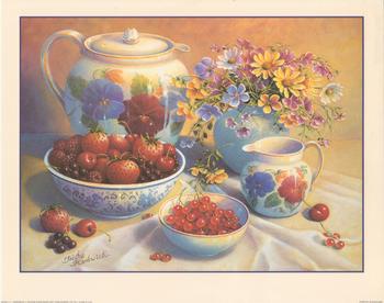 Table of Strawberries, Cherries, Raspberries and Flowers by Tricia Hardwick B2342 Main Gallery Trishia Hardwick