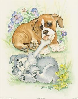 Puppy Days A - Boxer and Schnauzer Sharing a bone By Sharon Healey (JA195) Print 10