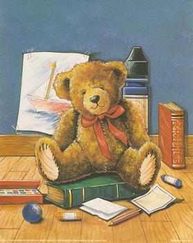 Classroom Teddy with Books and Crayons by Tricia Harrison ~~ Print 2405 ~~ Tricia Harrison