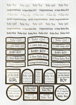 New Baby - Congratulations Captions - Gold Foiled Lettering on White Card .  Die-cut captions