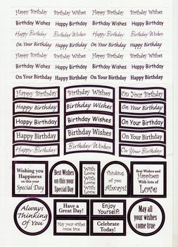 Happy Birthday Captions - Lilac Foiled Lettering on White Card .  Die-cut captions