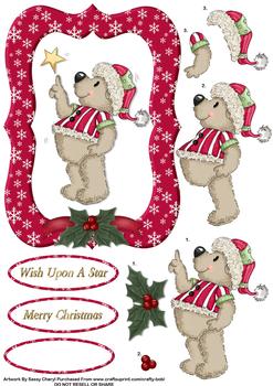 Christmas Teddy & Star - Papertole Exclusive Topper Sheet . -