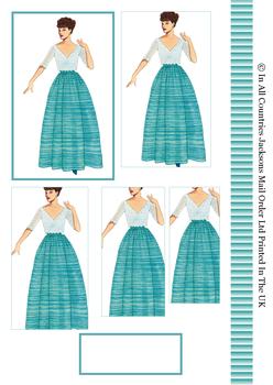 Sophisticated Vintage Fashion Lady in Turquoise Dress - Pyramid Topper, Border and Blank Tag . -Jacksons mail Order
