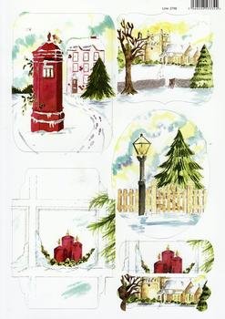 Snow Scenes with Letter Box Village Church Lantern and Candles all in Water Painted Colours - 2156  . -