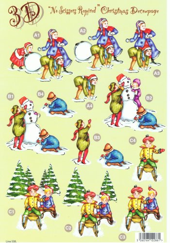 Die Cut Sheet - Christmas Snowman and Sleigh   508**OUT OF STOCK** 3d Card Art Silver Foil Highlights